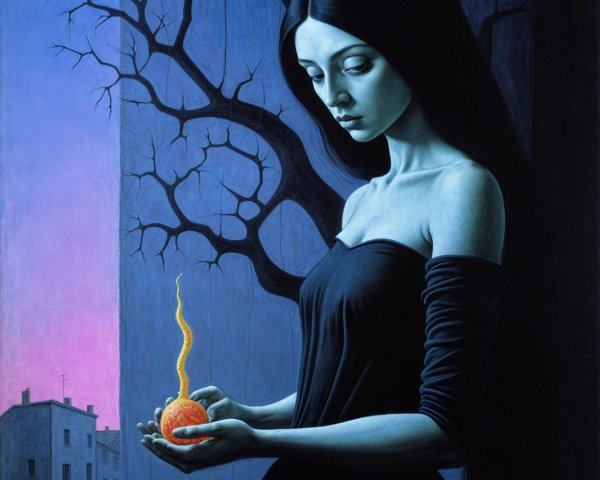 Mysterious Woman with Glowing Orb in Surreal Landscape
