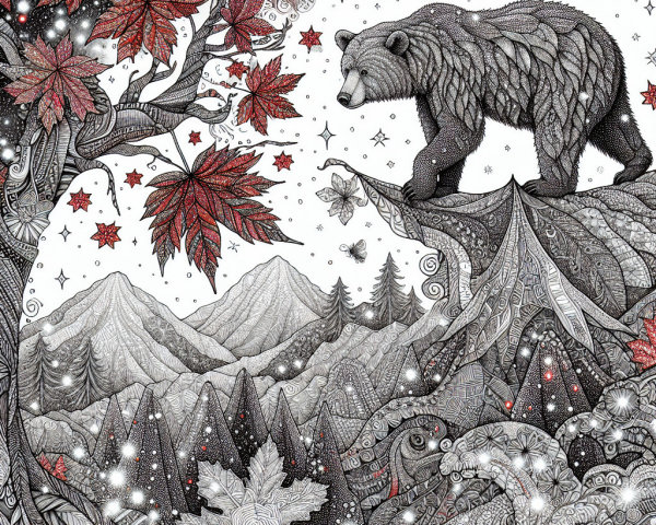 Black and white bear illustration on mountain peak