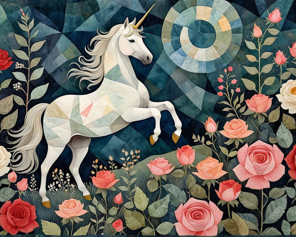 Unicorn Among Colorful Roses in Geometric Style
