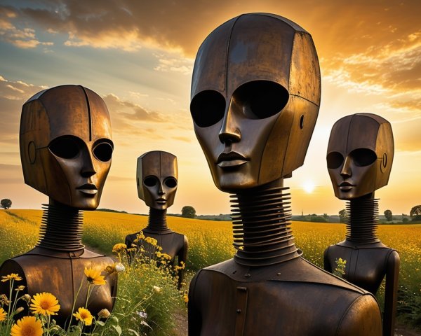 Humanoid Metal Sculptures in a Sunset Field
