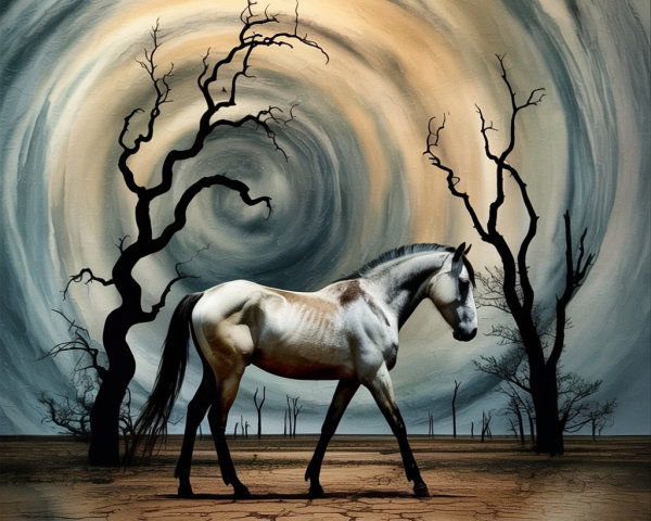 Surreal Landscape with Horse and Leafless Trees