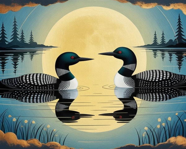 Loons Swimming in a Serene Moonlit Lake Scene