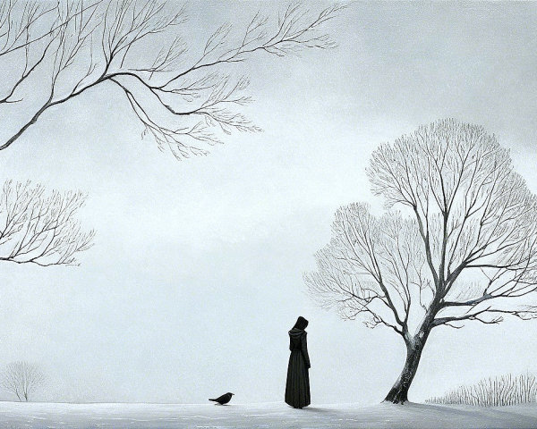Solitary Figure in Cloak on Snowy Landscape