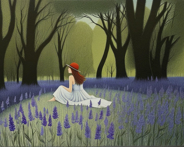 Young Woman in White Dress Among Purple Flowers