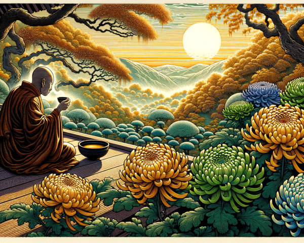Monk on Porch Amidst Vibrant Chrysanthemums at Sunset