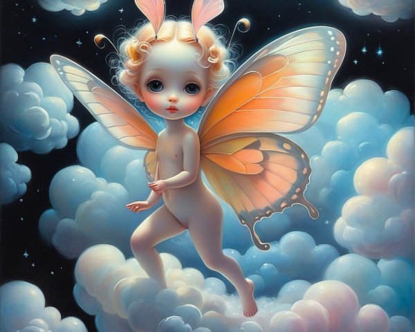 Cherubic Figure with Butterfly Wings in Dreamy Sky