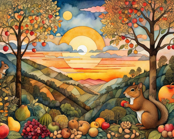 Vibrant autumn landscape with fruit trees and hills