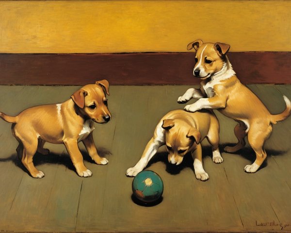 Charming Painting of Three Playful Puppies in Action