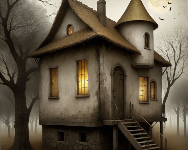 Old-fashioned house with turret under full moonlight