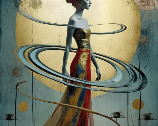 Elegant Figure in Colorful Gown with Cosmic Elements