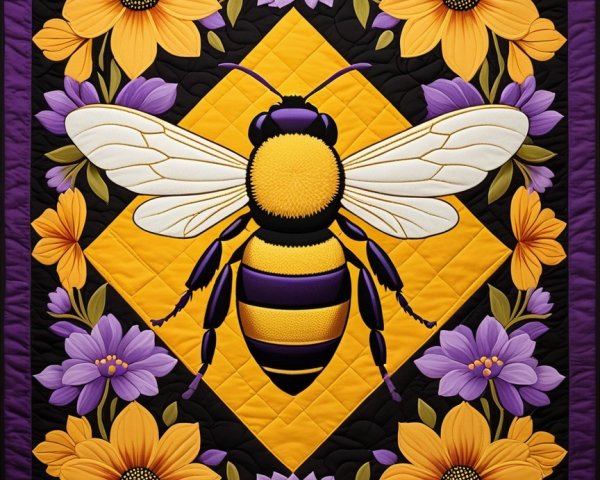 Vibrant quilt with honeybee and colorful flowers