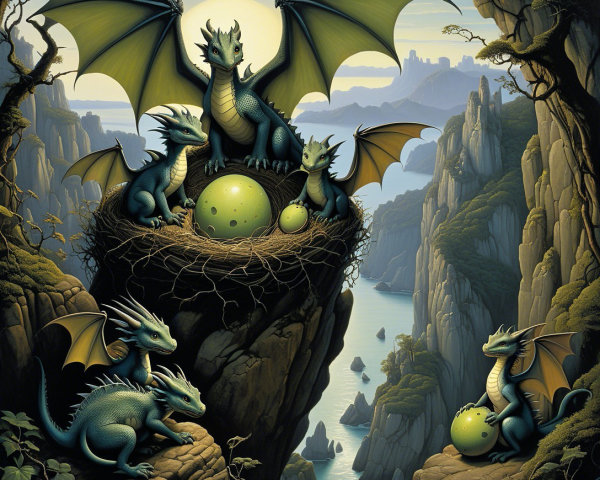 Teal-Green Dragons Overlooking Blue-Green Inlet Scene