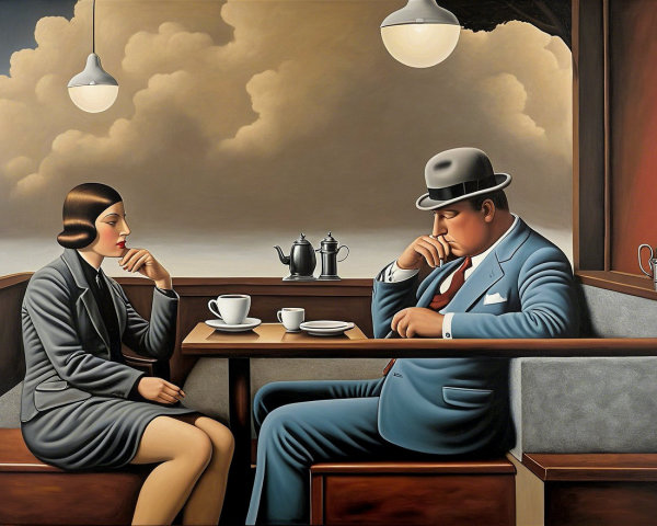 Vintage Café Scene with Thoughtful Man and Woman
