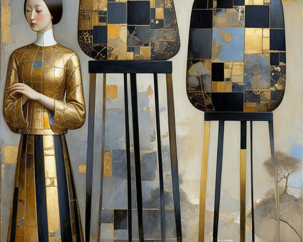 Stylized Figures in Gold and Black with Geometric Patterns