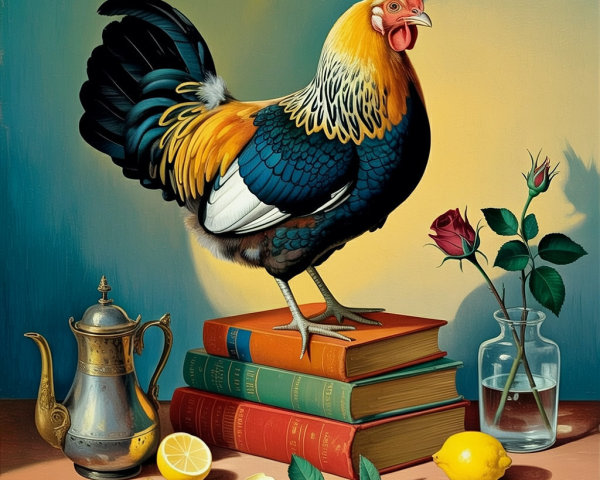 Vibrant Still Life with Rooster and Colorful Objects