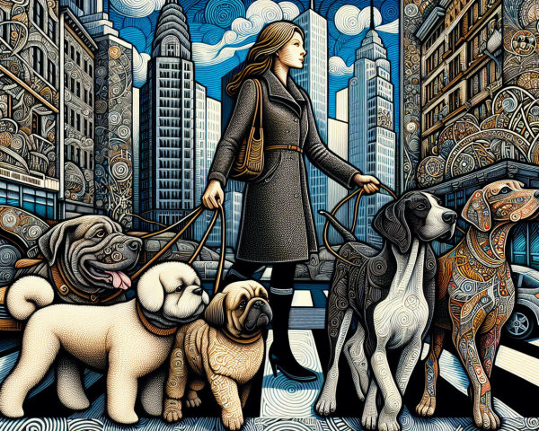 Woman Walking Five Dogs in Vibrant Cityscape