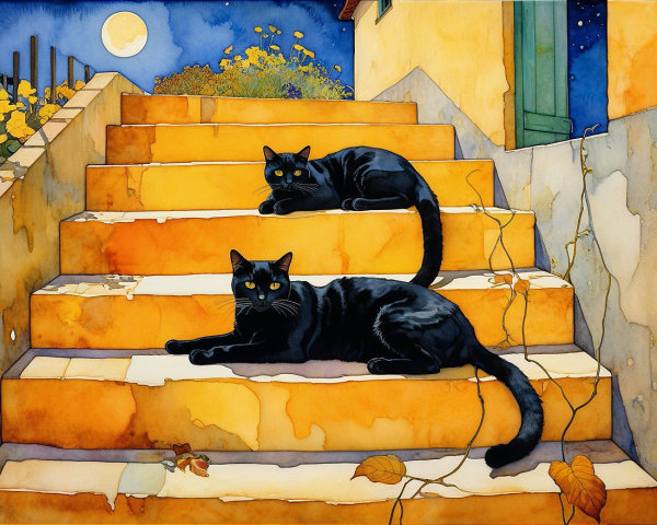 Black Cats on Sunlit Yellow Stairs Under Full Moon