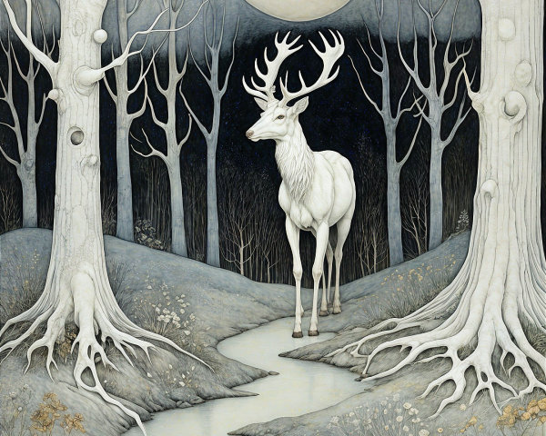 Majestic White Deer in a Moonlit Forest Scene