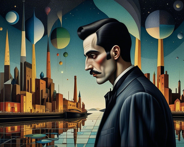 Stylized Portrait of a Man in a Surreal Cityscape