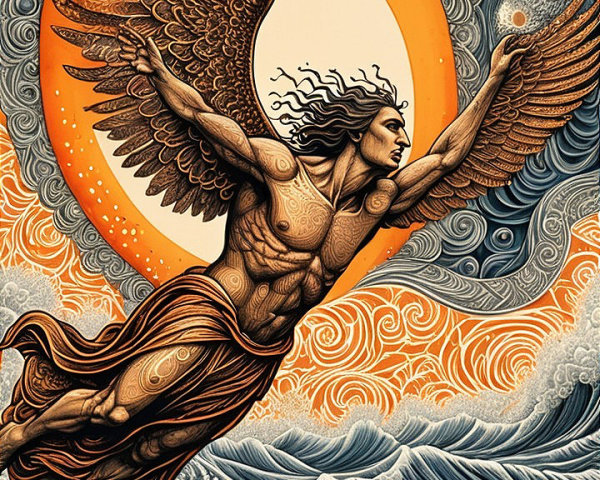 Winged Figure Soaring Above Turbulent Ocean Waves