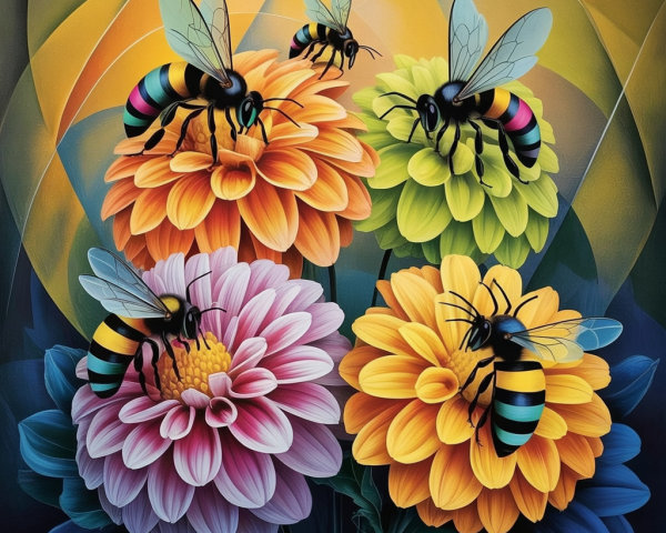 Colorful Flower Illustration with Bees in Nature