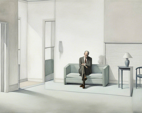Solitary Figure in Minimalist Room with Soft Lighting
