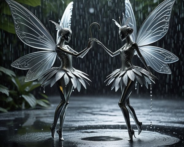 Metallic Fairy Figures Dancing in Rainy Scene