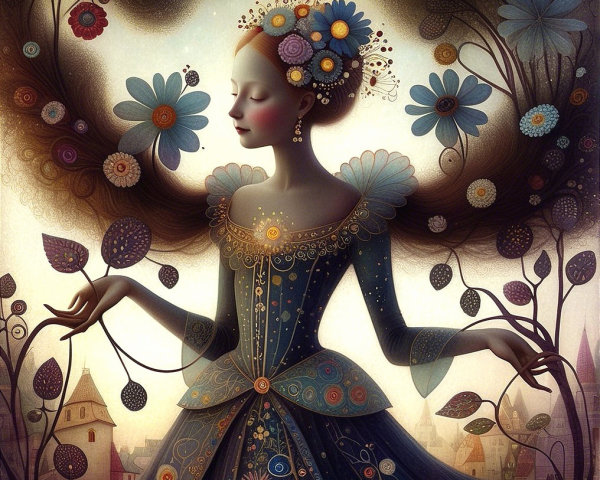 Whimsical Figure in Flowing Blue Gown with Floral Patterns