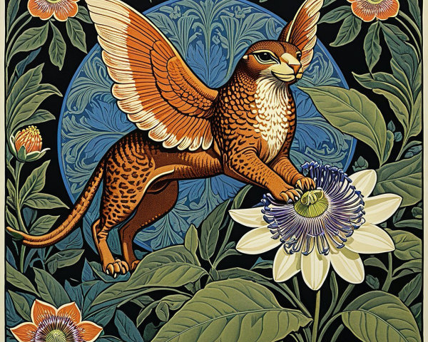 Vibrant Arts and Crafts Illustration of a Winged Creature