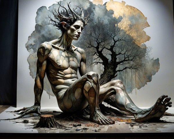 Surreal Figure Blending Human and Tree Elements
