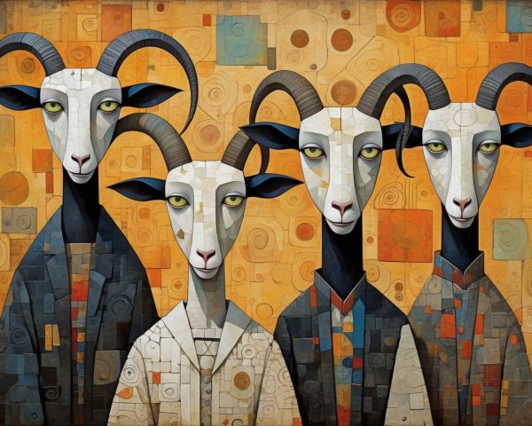 Goats with White Faces and Green Eyes on Orange Background