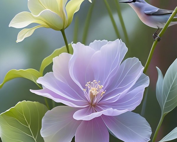Pastel Watercolor of Bird and Ethereal Garden Flowers