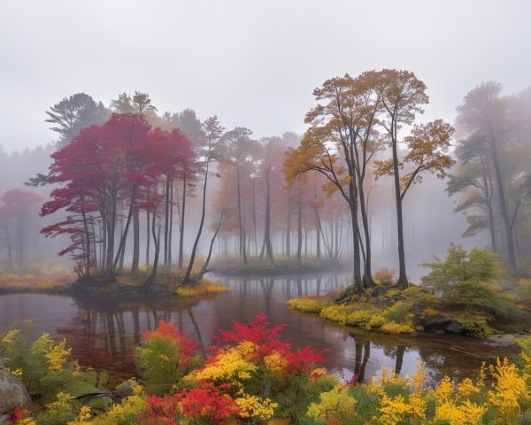 Serene Autumn Landscape with Tranquil Lake and Foliage