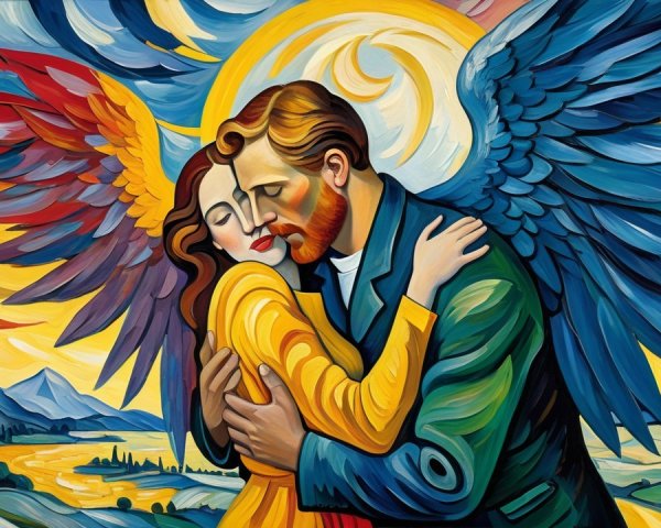 Vibrant Painting of Embracing Couple with Wings