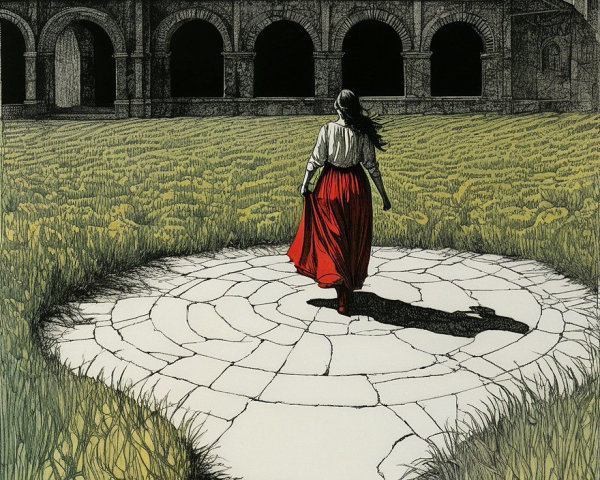 Woman in Red Skirt Walking on Cobblestone Path