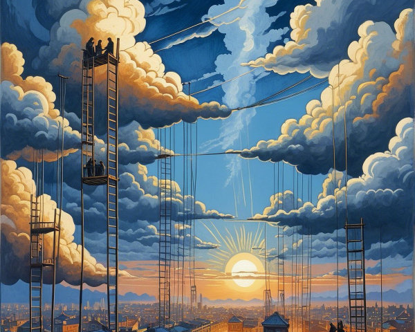 Vibrant Cityscape at Sunset with Silhouetted Figures