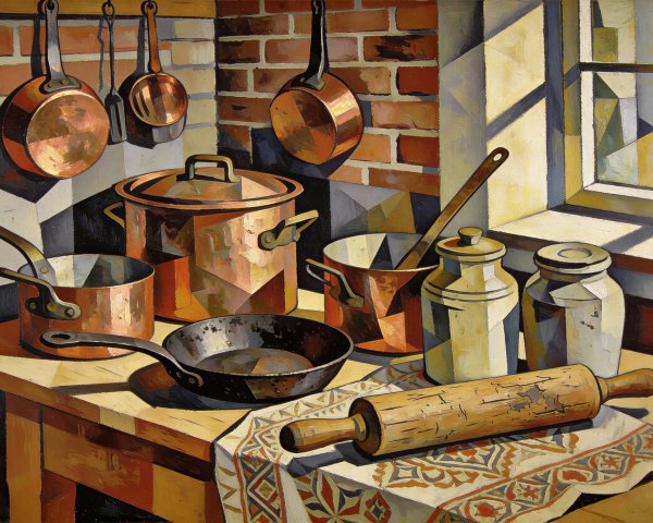 Cubist Still Life of Kitchen Scene with Copper Cookware