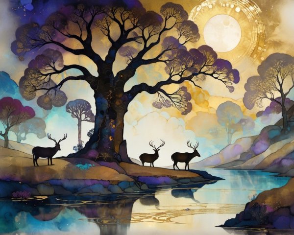 Serene landscape with tree, deer, and golden moon