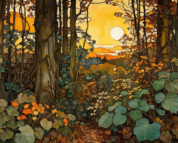 Serene Woodland Scene at Sunset with Autumn Colors