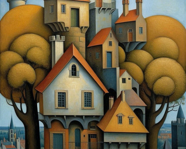Surreal Painting of Houses on Stylized Trees