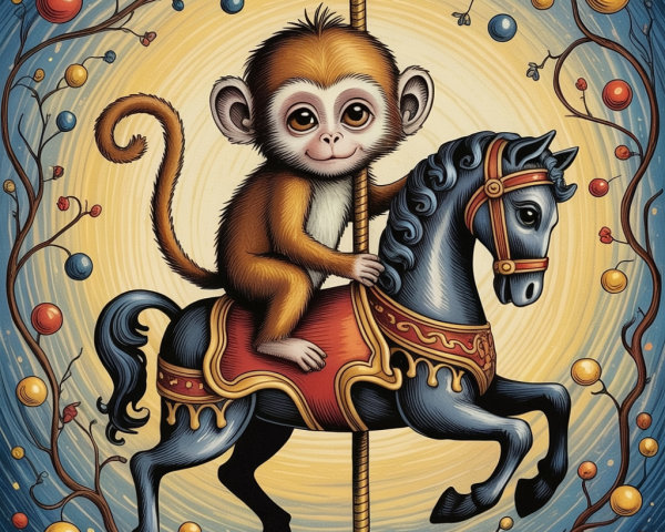 Whimsical Illustration of Monkey on Carousel Horse