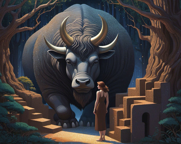 Mystical Scene of Woman and Colossal Bull in Nature