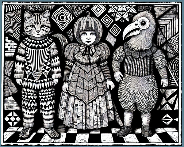 Whimsical Characters on Black and White Backdrop