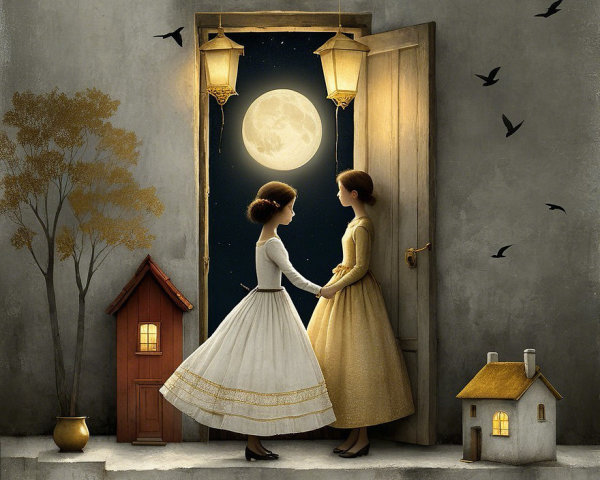 Girls in Lantern-Lit Doorway Under Full Moon