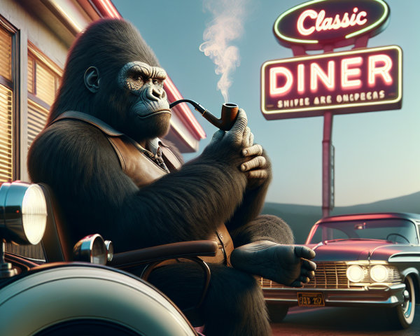Muscled Gorilla Relaxing Outside Retro Diner