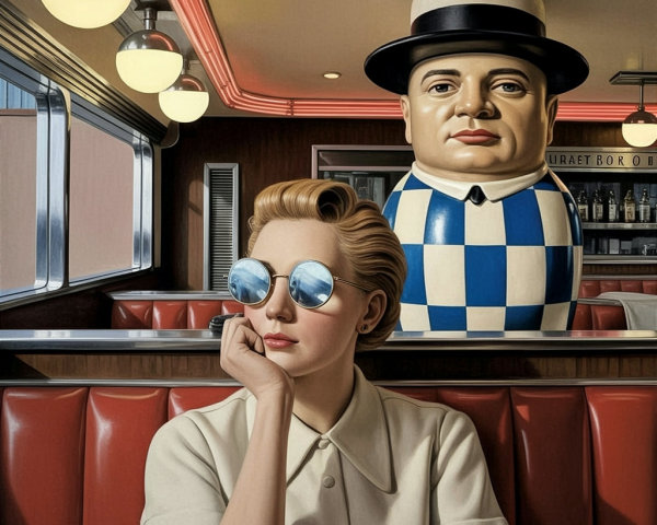 Retro Diner Scene with Stylish Woman and Eccentric Figure