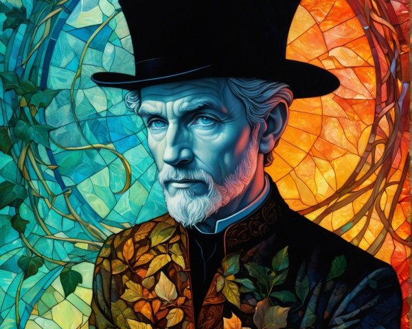 Portrait of a Man with Top Hat and Stained Glass Background