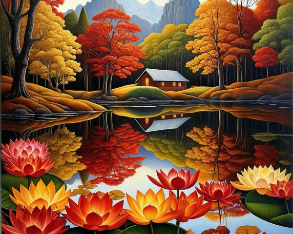 Tranquil Lake with Autumn Trees and Lotus Flowers