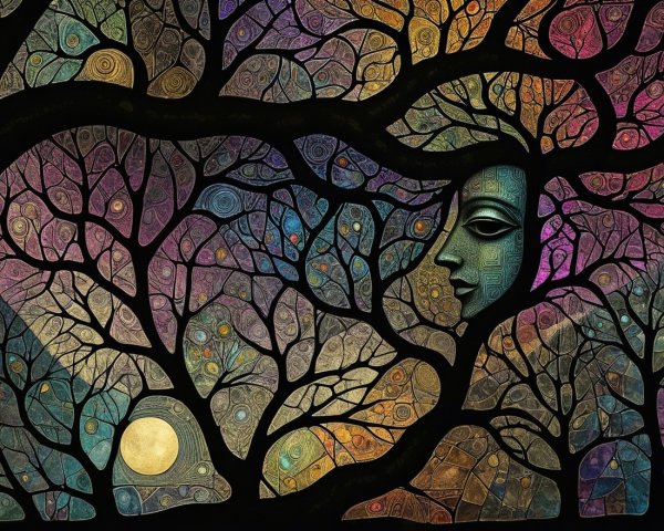 Abstract Trees with Serene Face in Twilight Sky
