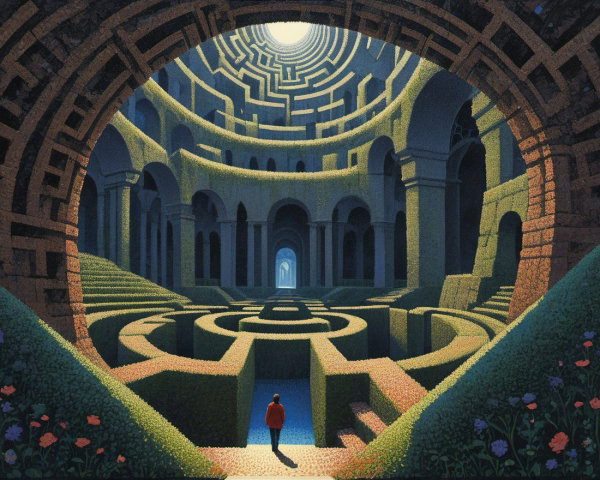 Surreal Labyrinthine Structure with Vibrant Nature Elements